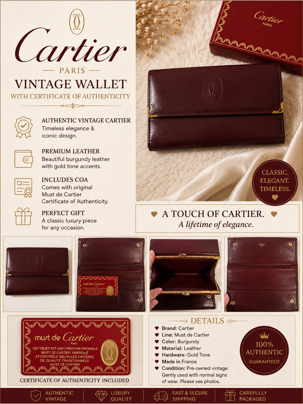 Cartier Burgundy Leather Card  Key Holder With Gold Accents